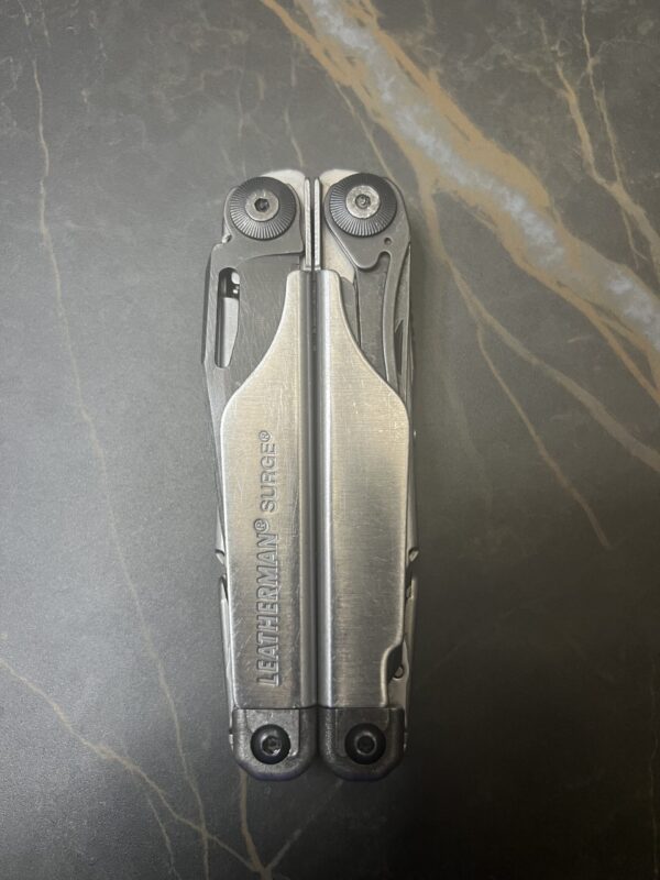 Limited Edition Black and Silver Leatherman Surge in its closed position. Aka the Tuxedeo