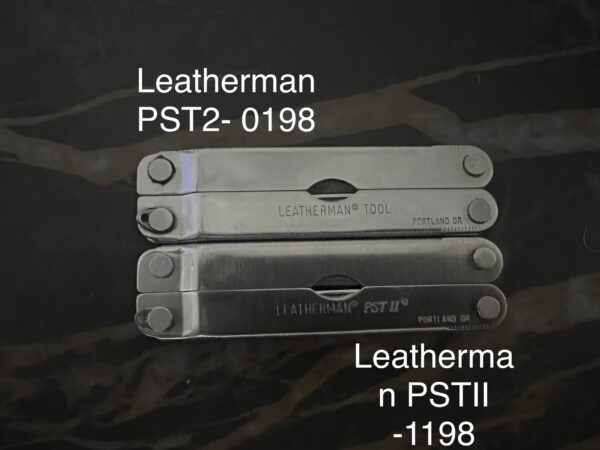 2 Leatherman PSTII in the closed position with different engravings